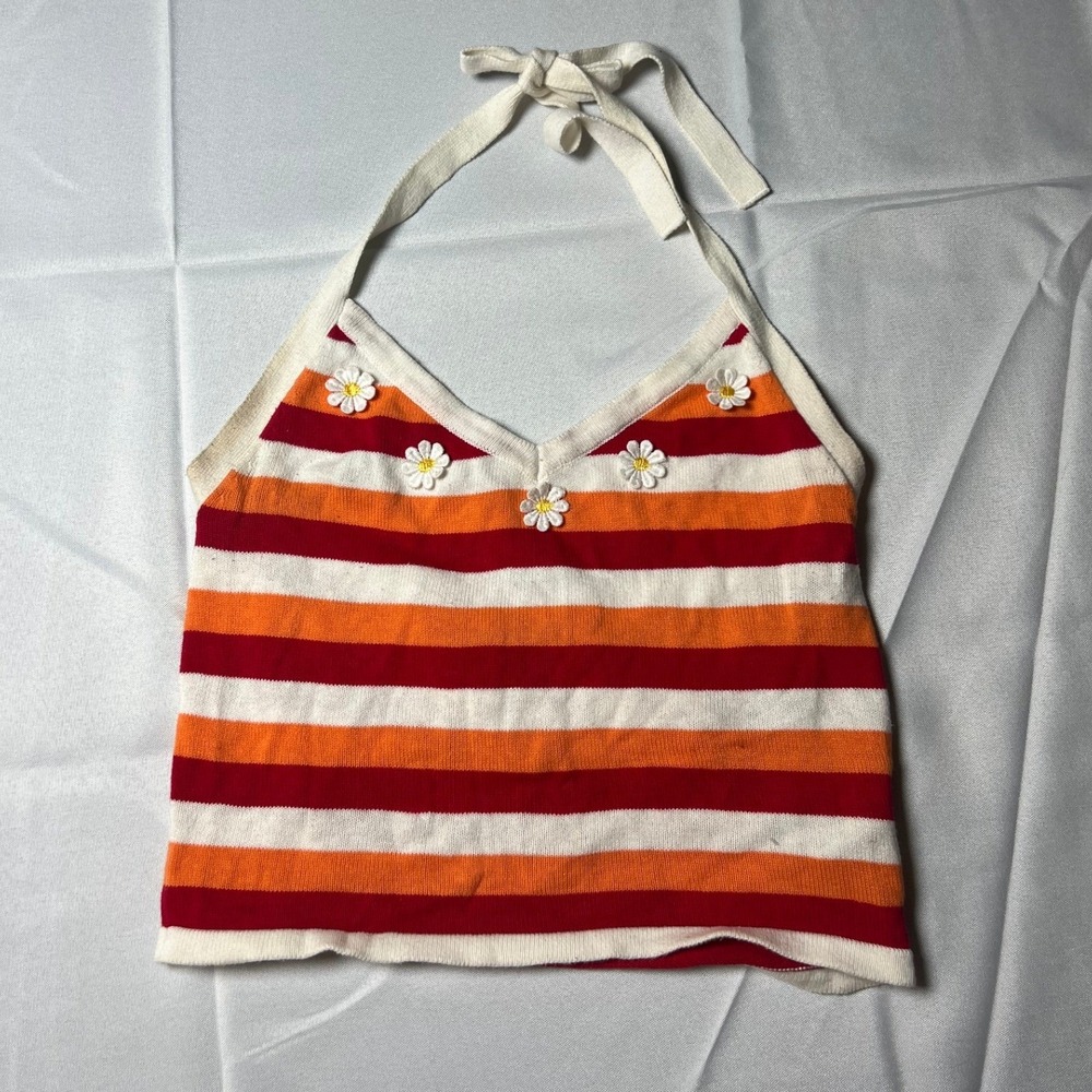 Forever 21 Striped Daisy Halter Crop Top Women's Size‎ S Red Orange White